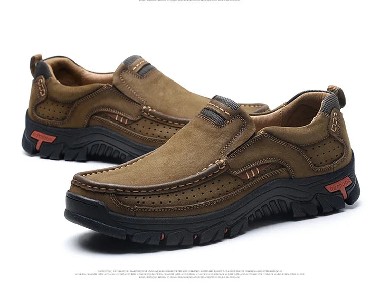 Handmade Leather Men Shoes Casual Outdoor Slip On Loafers Men Leather Shoes Flats Moccasins Walking Shoes Non-Slip Dropshipping