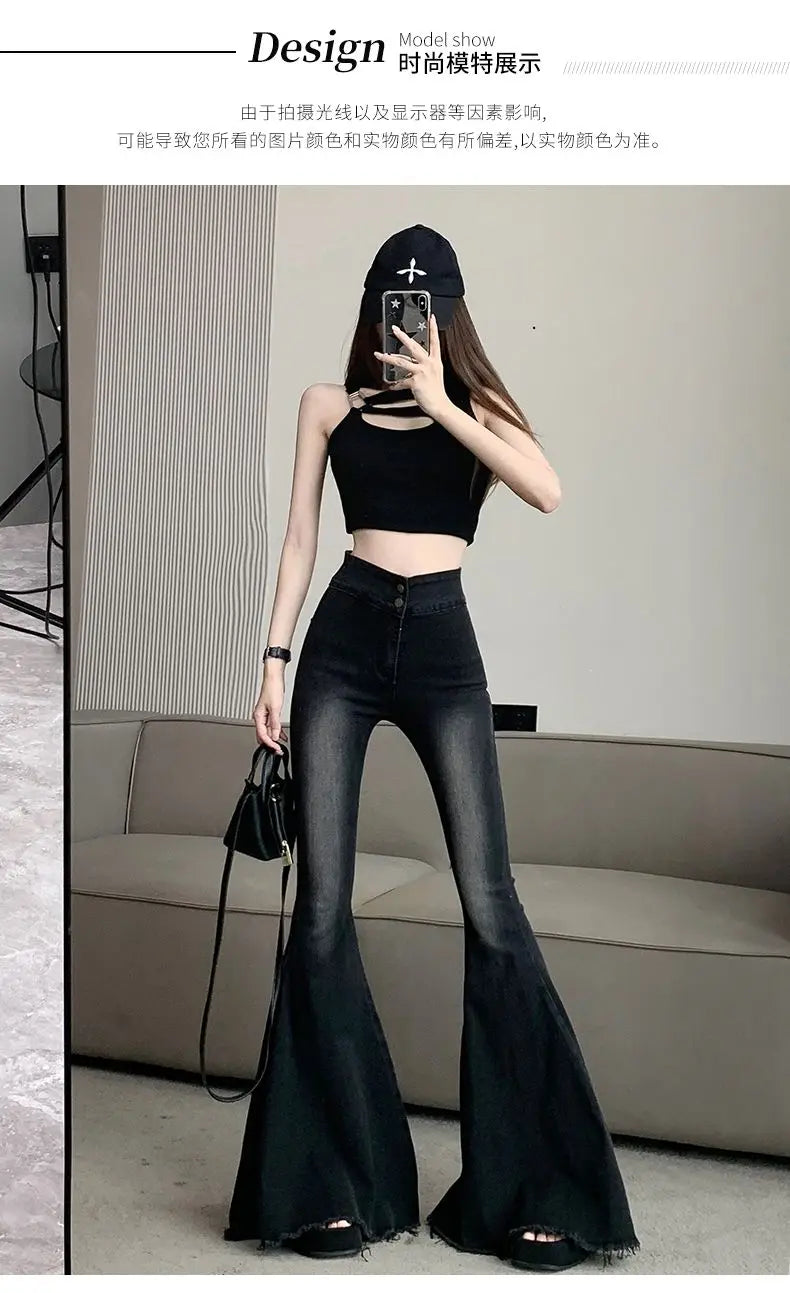 Jeans Women Autumn Chic Daily Flare Trousers Gradient Color High Street Full Length Fashion All-match Temperament Simple Shinny