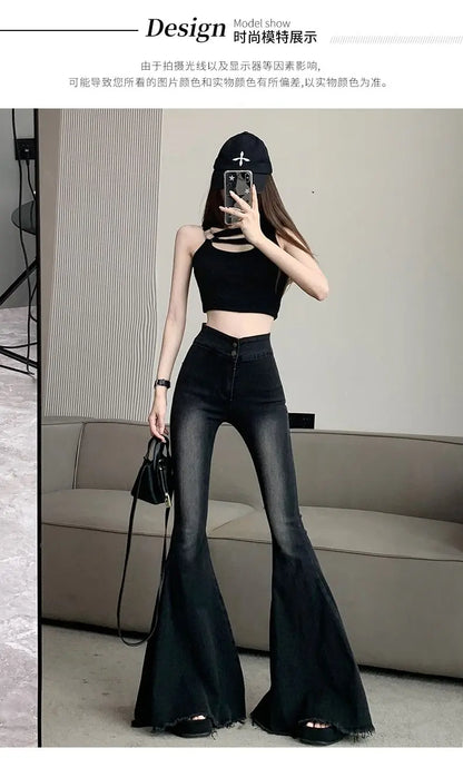 Jeans Women Autumn Chic Daily Flare Trousers Gradient Color High Street Full Length Fashion All-match Temperament Simple Shinny