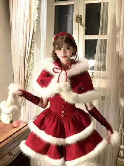 Winter Christmas Sweet 2 Piece Set Women Design Faux Fur Cape Coat + Short Party Dresses Japanese Fashion Elegant Kawaii Outfits