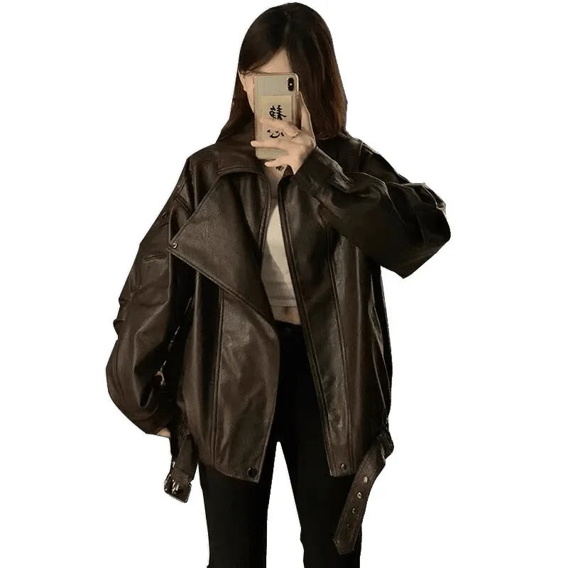 Faux Pu Leather Coats Women Solid Jackets Belt Zipper Turn Down Collar Long Sleeves Loose Casual Streetwear 2025 Spring Autumn