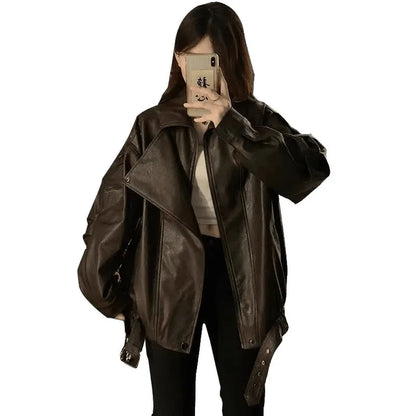 Faux Pu Leather Coats Women Solid Jackets Belt Zipper Turn Down Collar Long Sleeves Loose Casual Streetwear 2025 Spring Autumn