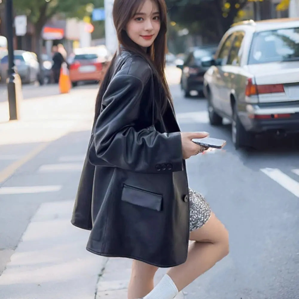 Fashion Lapel Collar Leather Jacket Women Outerwear Korean Chic Vintage PU Coats Loose Retro Suit Leather Jacket Autumn/Winter