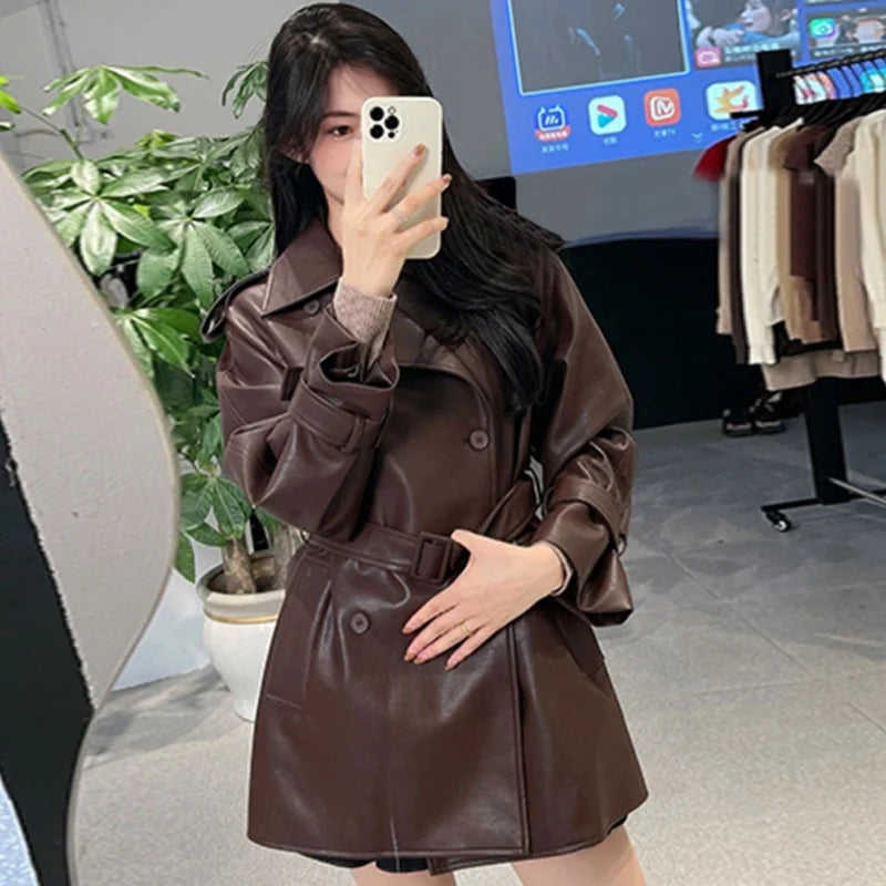 Ladies Fashion Leather Femme Leisure Leather Jacket Spring Autumn Women Faux Leather Coat  ﻿