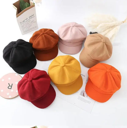 Kids Boys Girls PU Leather Hat 2024 New Arrival Children Princess Retro Beret Cap British Style Plaid Striped Cap Steetwear Hat