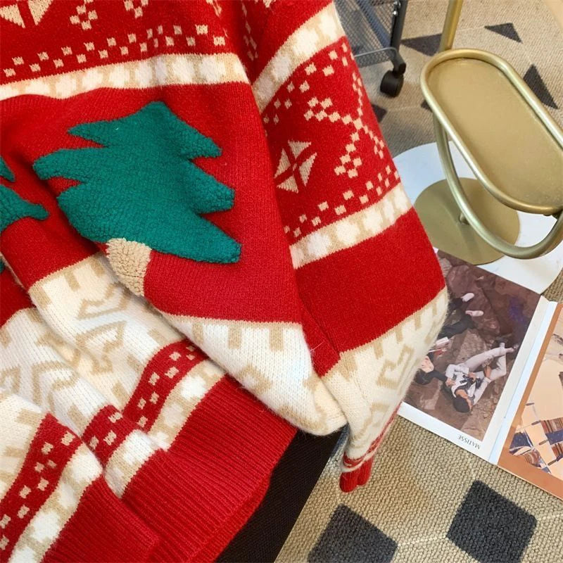 Sweet Christmas Tree Red Sweater Women Long Sleeve O Neck Cute Knit Pullover Harajuku Y2K Preppy Style Casual Lazy Jumper