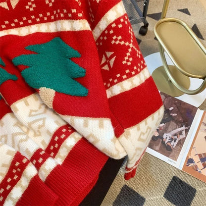 Sweet Christmas Tree Red Sweater Women Long Sleeve O Neck Cute Knit Pullover Harajuku Y2K Preppy Style Casual Lazy Jumper
