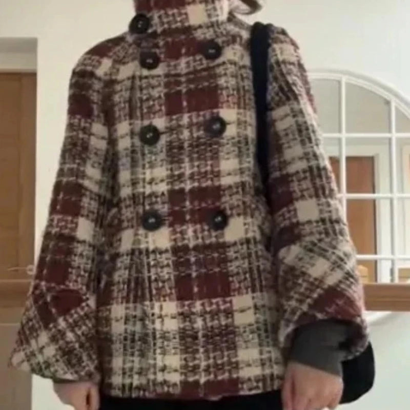 Autumn Winter Chic Coat Warm Checkered Turtleneck Shoulder Straight Coat Women Double Breasted Full Sleeve Middle Long Coat Lady