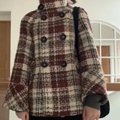 Autumn Winter Chic Coat Warm Checkered Turtleneck Shoulder Straight Coat Women Double Breasted Full Sleeve Middle Long Coat Lady