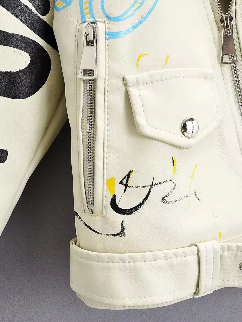 Fashion Brand Coat PU Leather Jacket Women Colorful Print Graffiti Soft Punk Coats Slim Locomotive Cropped Jacket Leather Top 1