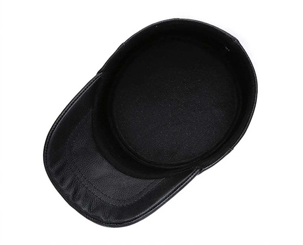 New Real Cow Leather Flat Cap Earflap Cap Men Real Leather Hats Fall Winter male 100% Genuine Real Cowhide Leather Military Caps