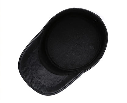 New Real Cow Leather Flat Cap Earflap Cap Men Real Leather Hats Fall Winter male 100% Genuine Real Cowhide Leather Military Caps