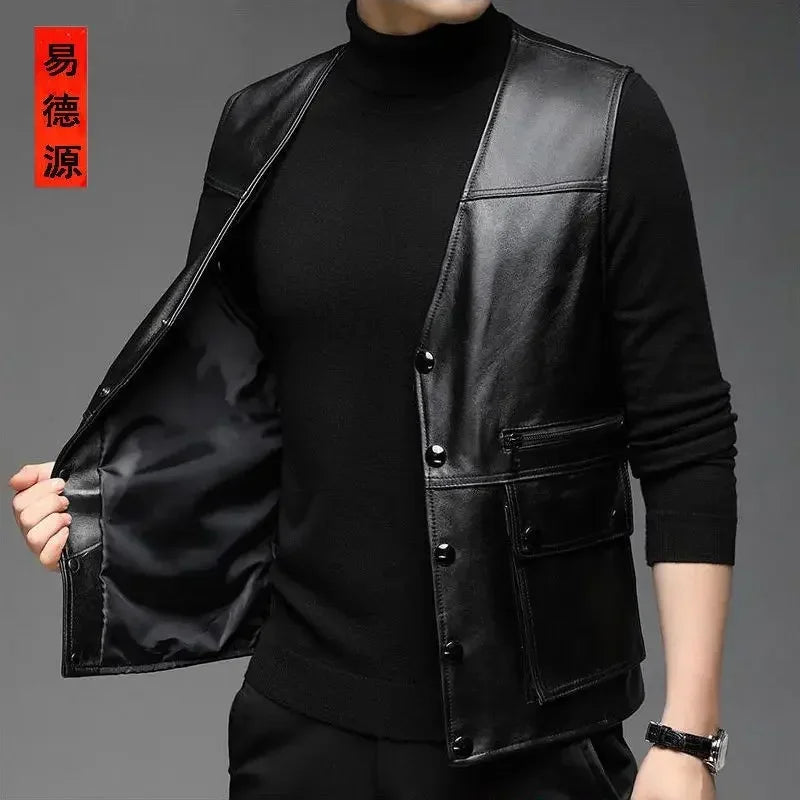 Genuine Leather Motorcycle Vest Mens sheepskin Leather Waistcoat biker sleeveless jacket clothing chaleco bullet proof club vest