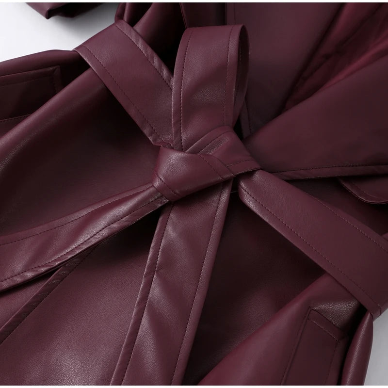 Fashion PU Leather Long Overcoats With Belt Women Luxury Lapel Button Oversize Jackets Female 2025 Autumn High Street Outerwear