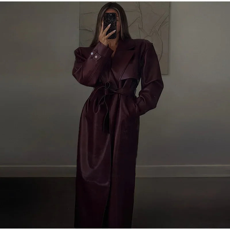 Fashion PU Leather Long Overcoats With Belt Women Luxury Lapel Button Oversize Jackets Female 2025 Autumn High Street Outerwear