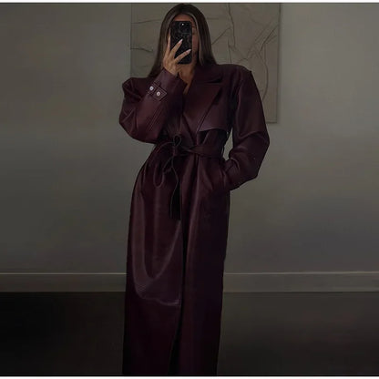 Fashion PU Leather Long Overcoats With Belt Women Luxury Lapel Button Oversize Jackets Female 2025 Autumn High Street Outerwear