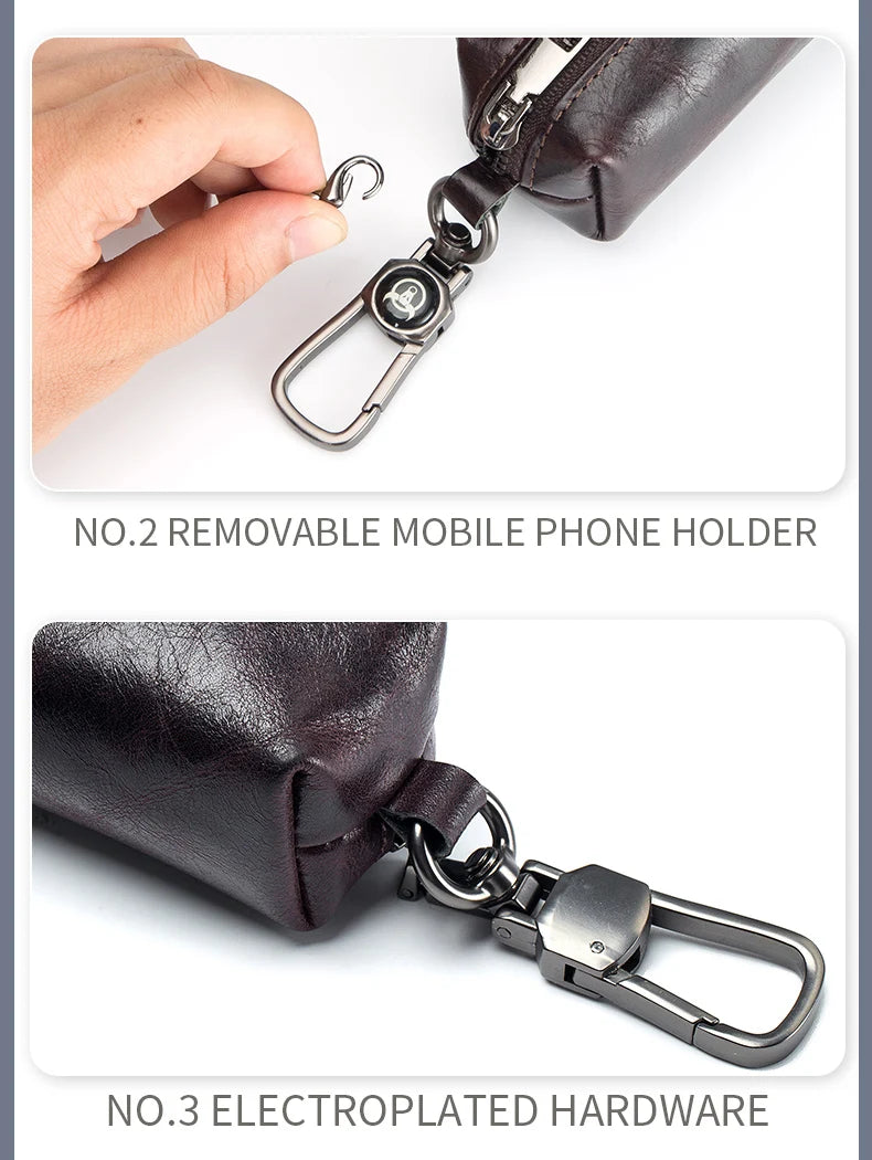 BULLCAPTAIN Genuine Leather Men's Car Keychain Leather Key Case High Quality Men's Butler Key Clip Zipper Two Card Key Case