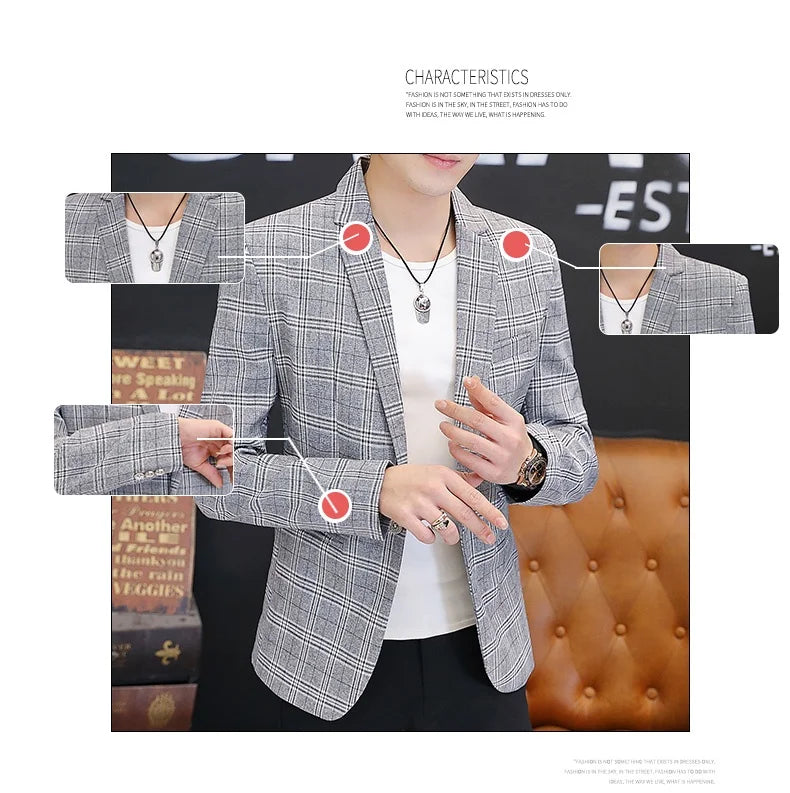 Men's British Style Checkered Suit Casual High-End Spring Autumn Small Plankton Design Handsome Coat