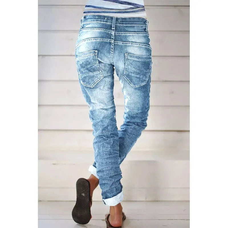 Jeans for Women Drawstring Elastic-waisted Jeans Casual Button Baggy Jeans Women Trousers Straight Women Wide-leg Pants Slouchy