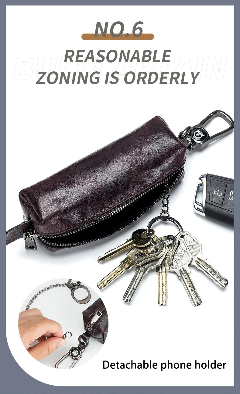 BULLCAPTAIN Genuine Leather Men's Car Keychain Leather Key Case High Quality Men's Butler Key Clip Zipper Two Card Key Case