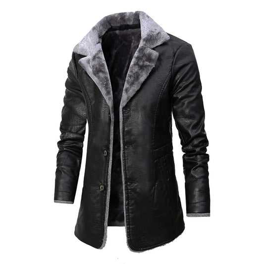 Men's Long Leather Coat PU Jacket for Men Winter Warm Fleece Lined Business Overcoat Trench Mens Outerwear Motorcycle Jacket