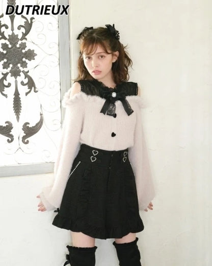 Sweet Lolita Winter Clothes Women Off Shoulder Sweater Pullover Student Elegant Long Sleeve Knitwear Bow Lace Waist Slim Sweater