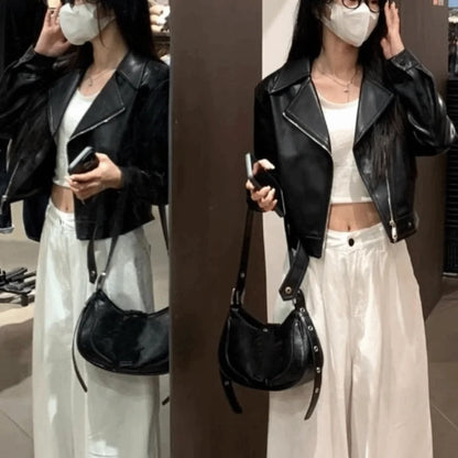 Classic Pleated Leather Jacket Women Korean Chic Outerwear Vintage PU Coats Lapel Collar Zipper Overcoat Streetwear