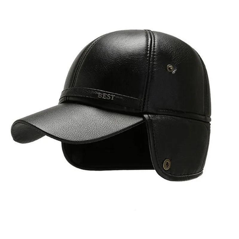 Men's Casual Cuffed Soft Leather Baseball Cap for Middle-Aged and Elderly, Warm for Winter