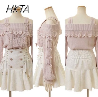 Japanese Sweet Bow Long-sleeve Knitted Pullover Sweater Autumn Winter New Off-shoulder Sexy Lolita Girls Liz Sweater Jumper Top