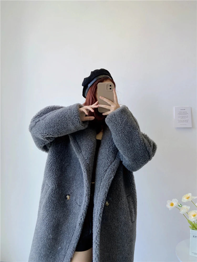 Winter Jacket Women Long Coat  Wool Woven Fabric Thick Warm Outerwear Oversize Fashion Streetwear Teddy Bear Coats