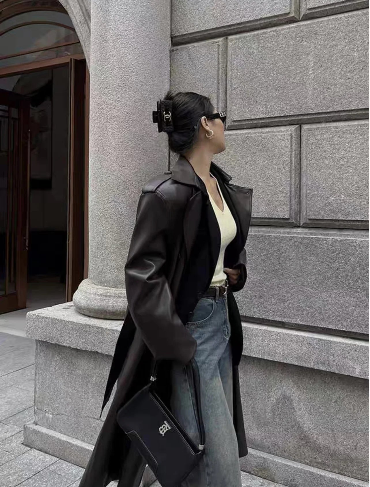 Women Faux PU Leather Coats Turn Down Collar Black High Waist Lace Up Long Jackets Casual Elegant Y2k Maxi Loose Windbreak