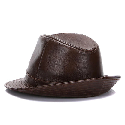 Men's Gentlemen's Fedora Hat Genuine 100% Cowhide Leather Trilby Cap Real Cowhide Leather Jazz Casual Autumn Winter Top Cap