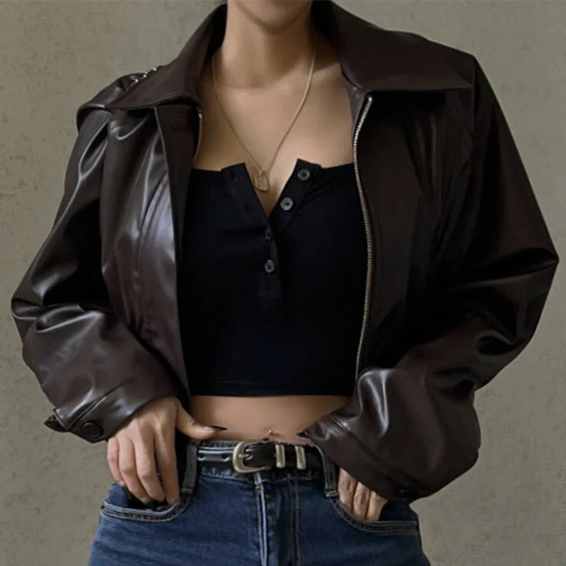 2025 Fashion Faux Leather Jacket Aesthetic Fashion Streetwear Turn-down Collar Coat Women Autumn Casual Simple Long Sleeve Coats