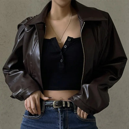 2025 Fashion Faux Leather Jacket Aesthetic Fashion Streetwear Turn-down Collar Coat Women Autumn Casual Simple Long Sleeve Coats