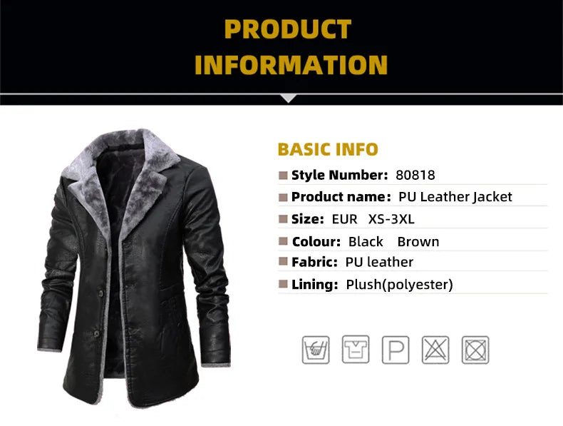 Winter Men's Leather Jacket Oversized Fur Long Coats High Quality PU Leather Thicken Fleece Casual Jacket Men Clothing A2F80818