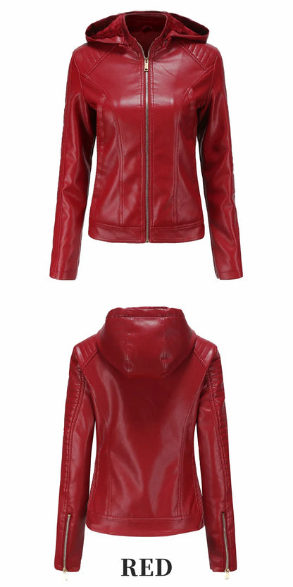 Faux Leather Women Coat Hooded Full Sleeve Slim Fit Solid Sexy Regular Jackets Zipper Casual Splice Coats Thick Warm Jacket
