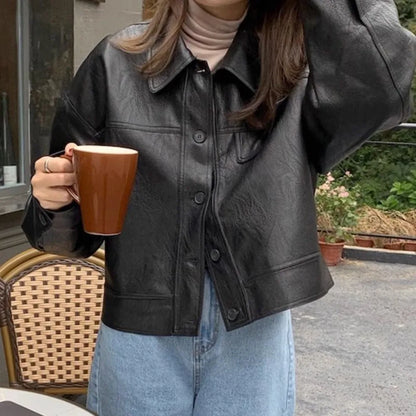 Fashion Lapel Collar Leather Jacket Women Outerwear Retro Vintage PU Coats Korean Chic Windbreaker Jackets Autumn/Winter