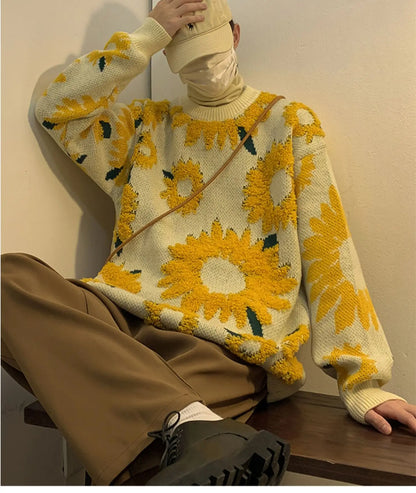 2024 Sweater Winter Sunflower Warm Sweaters  Fashion Male O-Neck Pullovers Sweater Men Loose Casual Sweater Thick Knitted Unisex