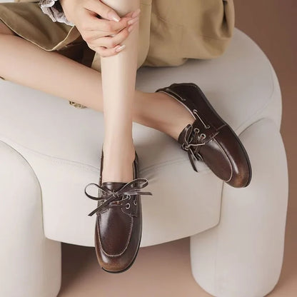 Leather Shoes for Women 2025 Spring and Autumn Sheepskin Worn Dirty Tied Soft Soled Loafer Shoes Retro One Foot Women's Shoe