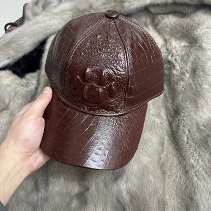 Fashion Mens Crocodile Pattern Cowhide Genuine Leather Peaked Cap Outside Casual Sun Protected Travel Baseball Cap Adjustable