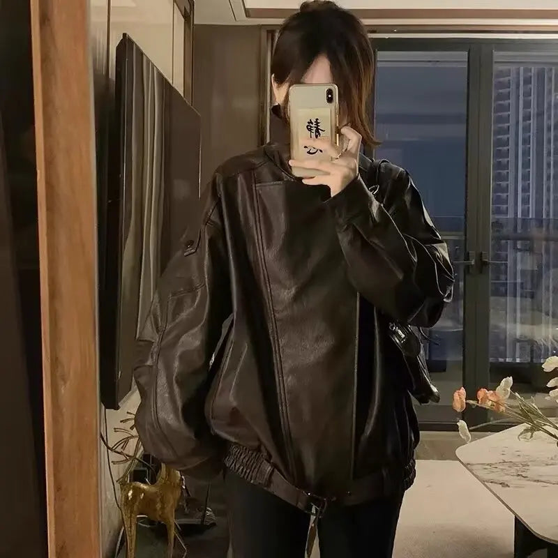 Faux Pu Leather Coats Women Solid Jackets Belt Zipper Turn Down Collar Long Sleeves Loose Casual Streetwear 2025 Spring Autumn