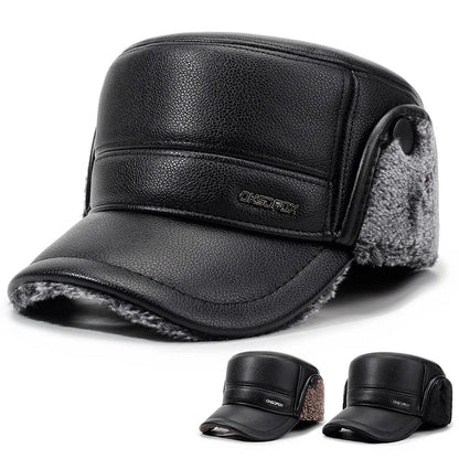 Mens Leather Flat Top Baseball Cap Warm Ear Hat for Elderly in Autumn Winter Thickened Fleece-lined Cold Cap