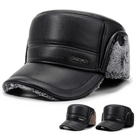 Mens Leather Flat Top Baseball Cap Warm Ear Hat for Elderly in Autumn Winter Thickened Fleece-lined Cold Cap