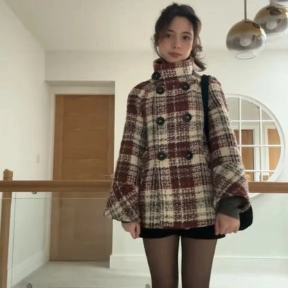 Autumn Winter Chic Coat Warm Checkered Turtleneck Shoulder Straight Coat Women Double Breasted Full Sleeve Middle Long Coat Lady
