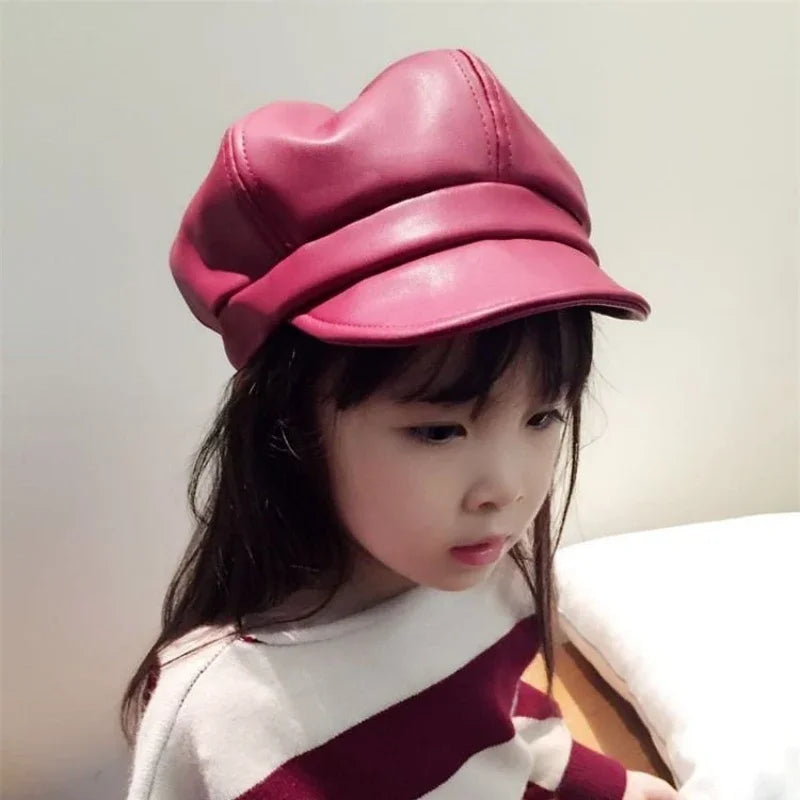 Kids Boys Girls PU Leather Hat 2024 New Arrival Children Princess Retro Beret Cap British Style Plaid Striped Cap Steetwear Hat