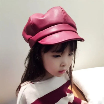 Kids Boys Girls PU Leather Hat 2024 New Arrival Children Princess Retro Beret Cap British Style Plaid Striped Cap Steetwear Hat