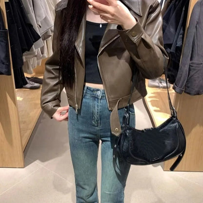 Classic Pleated Leather Jacket Women Korean Chic Outerwear Vintage PU Coats Lapel Collar Zipper Overcoat Autumn/Winter