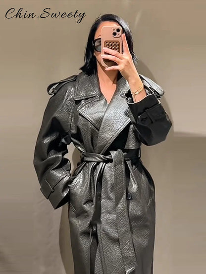 Elegant Women's Double Breasted Long Leather Coat With Belt Lapel Full Sleeve Pockets Jacket 2025 Autumn Winter Lady Outwear New