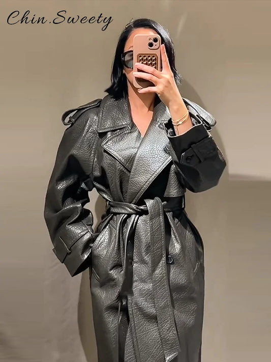 Elegant Women's Double Breasted Long Leather Coat With Belt Lapel Full Sleeve Pockets Jacket 2025 Autumn Winter Lady Outwear New