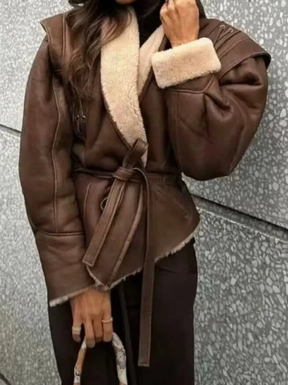 Leather Jackets Women's With Belt Fur Coat Streetwear Fashion Solid Outwear Woman Elegant Jackets Chaqueta De Cuero Para Mujer